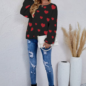 Heart Print Fuzzy Crewneck Long Sleeve Sweater Pimamour