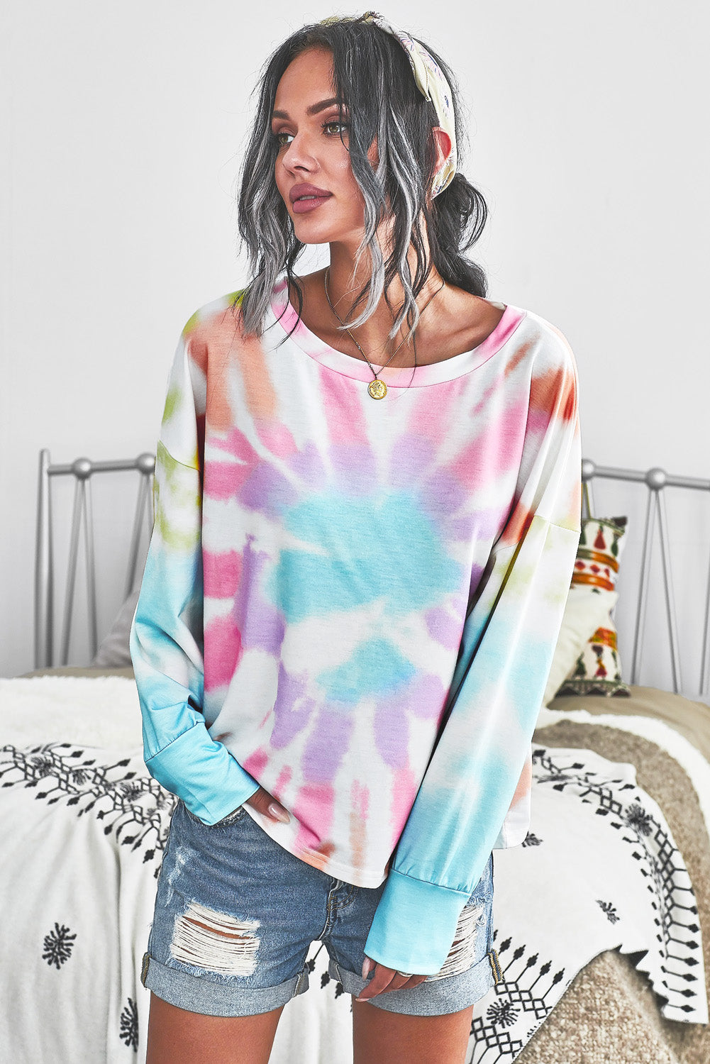 Tie-Dye Boat Neck Batwing Sleeve Tee Pimamour