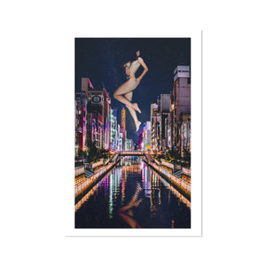 02 - Surreal dreamy poster of the protecting girl / goddess / mermaid floating in the sky over the city, wrapped in the night Color Photo Art Print Pimamour Original Pimamour