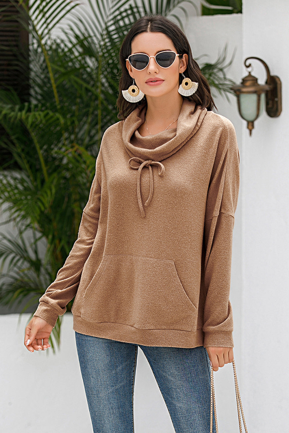 Cowl Neck Drop Shoulder Sweatshirt Pimamour